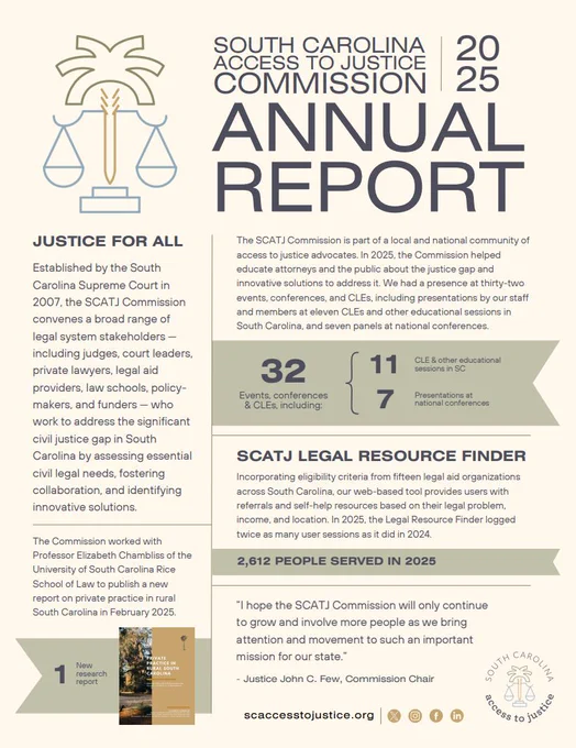 "Cover of the 2025 South Carolina Access to Justice Commission Annual Report. Features a balanced scales icon beside a palm tree, symbolizing justice. Text highlights achievements, including 32 events, and emphasizes legal resources, aiding 2,612 people in 2025. Includes a quote from Justice John C. Few, expressing ongoing commitment to justice initiatives."