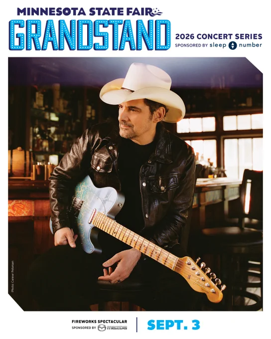 This promotional poster features Brad Paisley sitting with a guitar inside a venue, wearing a cowboy hat and leather jacket. Text reads: "Minnesota State Fair Grandstand, 2026 Concert Series, Sept. 3.