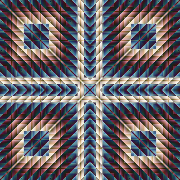 Algorithmic art composed of intersecting layers of plus, cross, and square patterns, in muted shades of blue, red, and white. A bit of an Art Deco feel.