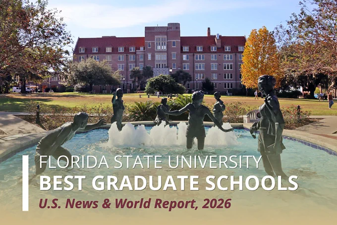 Graphic with image of Landis Green Legacy Fountain with Landis Hall in the background. Text at bottom says: Florida State University Best Graduate Schools. U.S. News and World Report, 2026