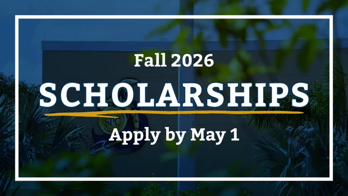 Graphic announcing "Fall 2026 Scholarships" with a deadline of "Apply by May 1," presented over a subtle SPC campus background with foliage.