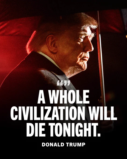 A maniacal photo of Trump holding an umbrella in red light, with a quote:

A whole civilization will die tonight.

Donald Trump