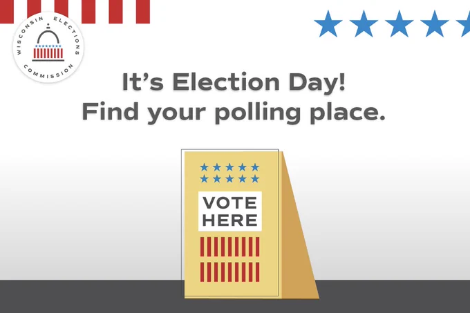 graphic image of a sign that says "vote here." Text on the graphic says, "It's Election Day! Find your polling place."