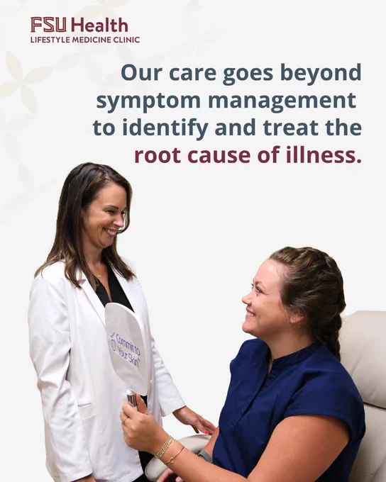 An informational graphic for FSU Health Lifestyle Medicine Clinic. The text reads, "Our care goes beyond symptom management to identify and treat the root cause of illness." Below the text, a smiling female healthcare provider in a white coat is looking warmly at a smiling female patient, who is holding a hand mirror that says "Commit to Your Skin."