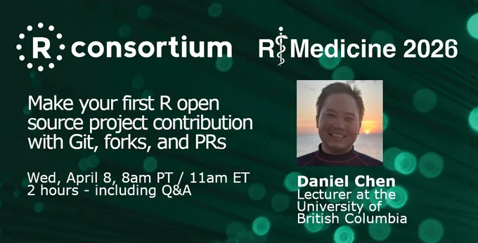Main image for April 8 webinar called "Make your first R open source project contribution with Git, forks, and PRs"