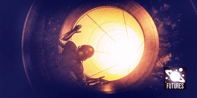 A person peers over the edge of a long circular shaft that stretches down away from them towards a glowing white light