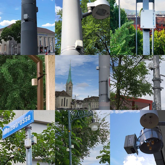 A photo collage showcasing the compact, black Decentlab DL-LP8P environmental sensor in various mounting scenarios. For monitoring CO2, temperature, humidity, and pressure in any environment.