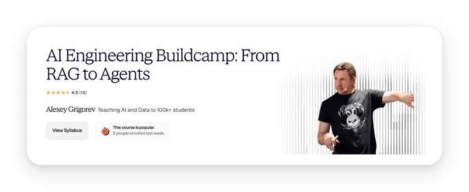 Promotional graphic for an AI Engineering Buildcamp course, featuring Alexey Grigorev and highlighting its popularity and syllabus.