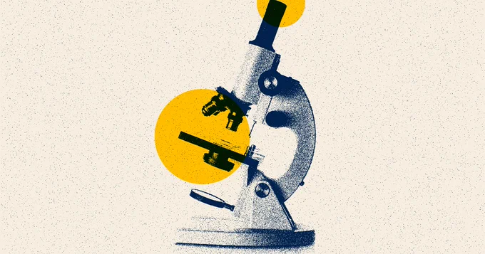 Illustration of a vintage microscope with abstract yellow circles overlapping parts of it, set against a textured beige background.