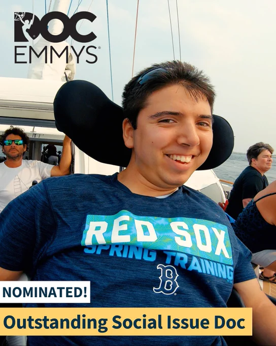 A film still of Samuel Habib on a catamaran with text "Nominated! Outstanding Social Issue Doc"  In the top left corner is the Doc Emmys logo.