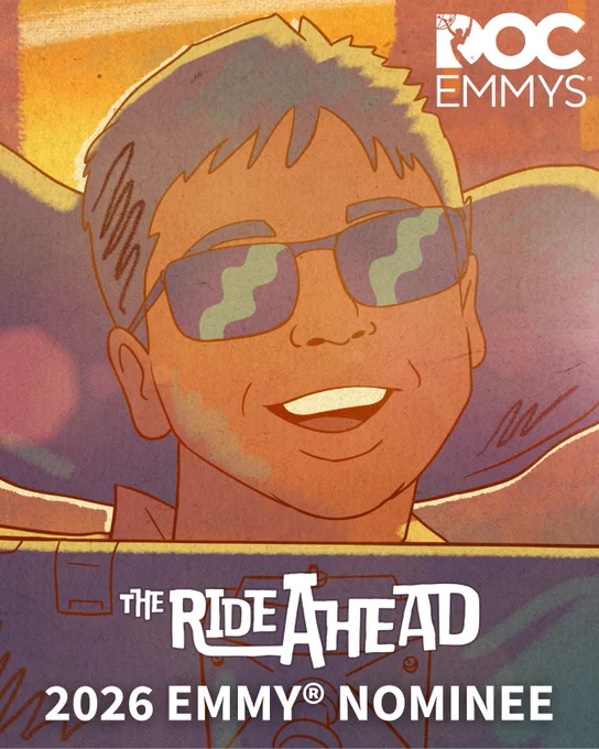 An animation of Samuel Habib wearing sunglasses with white text "The Ride Ahead. 2026 Emmy® Nominee." In the top right corner is the Doc Emmys logo.