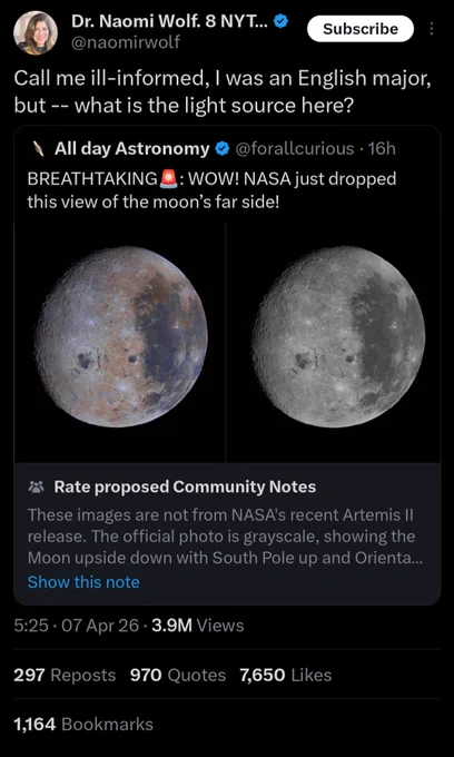 Dr. Naomi Wolf @naomirwolf:
Call me ill-informed, I was an English major, but -- what is the light source here?

All day Astronomy @forallcurious
BREATHTAKING: WOW! NASA just dropped this view of the moon's far side!