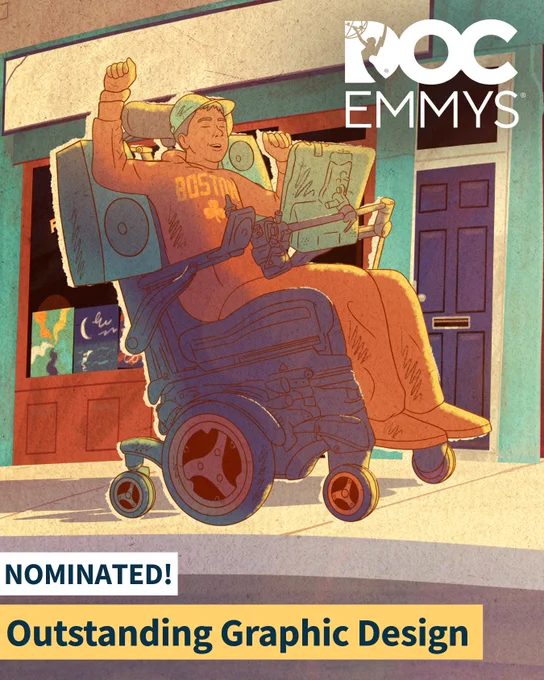 An animation of Samuel Habib dancing in his wheelchair on a sidewalk with text "Nominated! Outstanding Graphic Design" In the top right corner is the Doc Emmys logo.