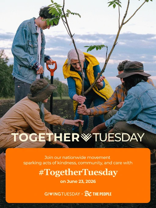 People of different ages planting a young tree together, promoting community action for #TogetherTuesday (June 23, 2026).
