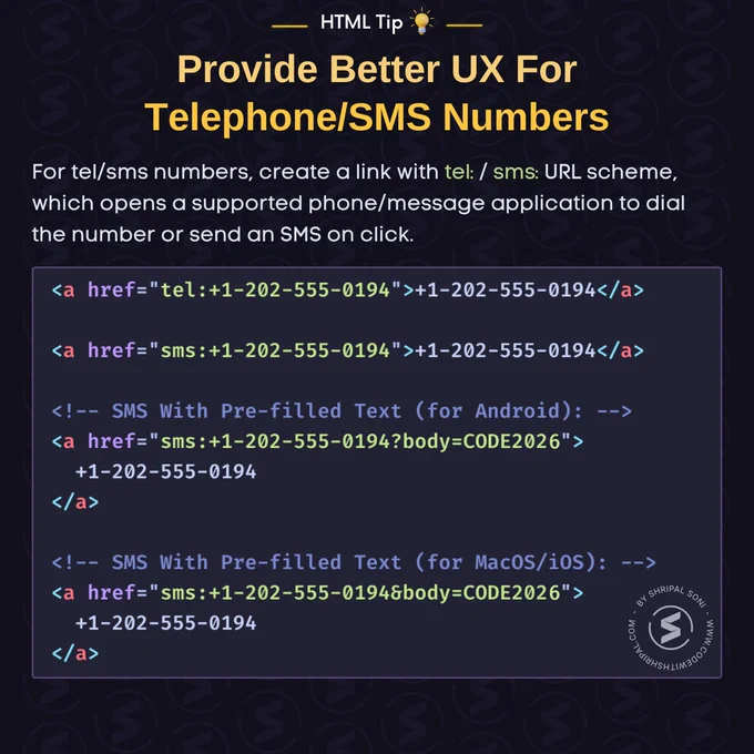 For tel/sms numbers, create a link with tel: / sms: URL scheme, which opens a supported phone/message application to dial the number or send SMS on click.

Sample HTML Code:
<a href="tel: 1-202-555-0194"> 1-202-555-0194</a>
<a href="sms: 1-202-555-0194"> 1-202-555-0194</a>

<!-- SMS with pre-filled body (For Android) -->
<a href="sms: 1-202-555-0194?body=CODE2026">
         1-202-555-0194
</a>

<!-- SMS with pre-filled body (for MacOS/iOS) -->
<a href="sms: 1-202-555-0194&body=CODE2026">
         1-202-555-0194
</a>