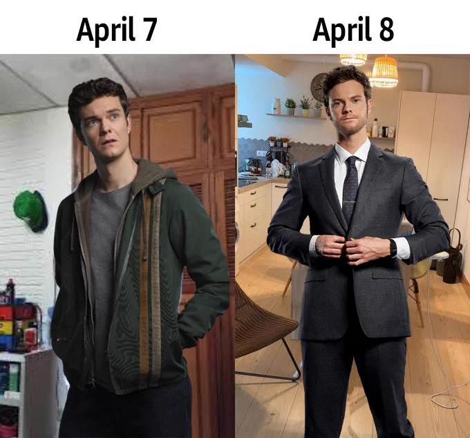Image of Hughie Campbell in a sweatshirt on April 7 on the left, and him in a suit on April 8 on the right