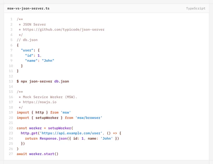 Code snippet compares JSON Server and Mock Service Worker, showing database setup and request handling for a user named "John."
