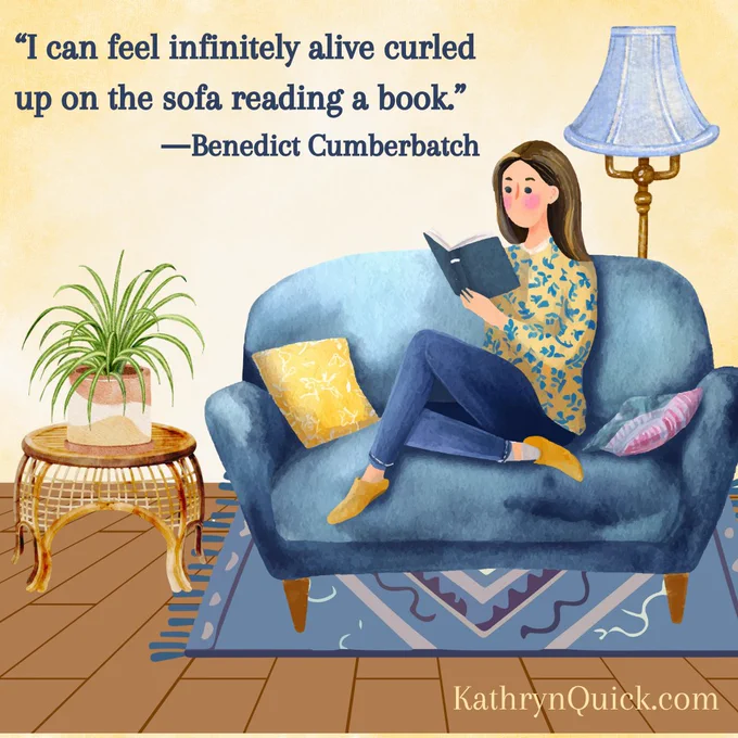 Image of a woman sitting on a sofa reading.

"I can feel infinitely alive curled up on the sofa reading a book." -Benedict Cumberbatch

#alive #curledup #sofareading #amreading #kathyequickbooks #kathrynquickbooks www.kathrynquick.com