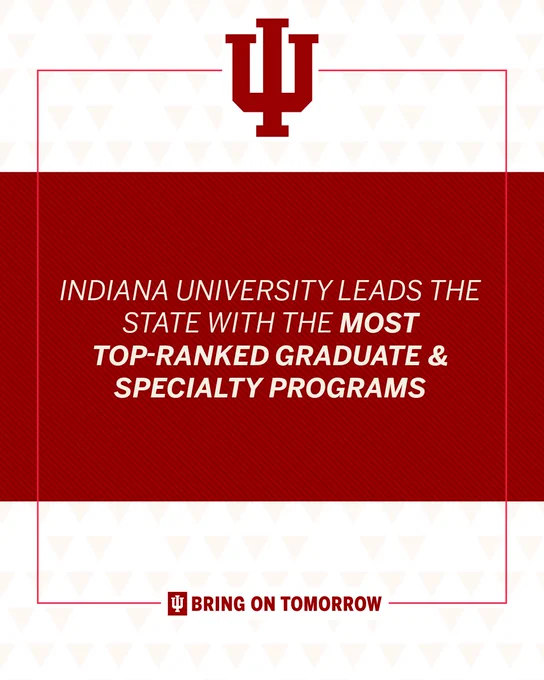 Promotional image featuring the Indiana University logo and text stating that Indiana University leads the state with the most top-ranked graduate and specialty programs. The phrase "Bring On Tomorrow" is displayed at the bottom.