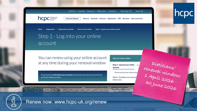 Laptop screen showing HCPC online account login page for renewal with instructions and a pink sticky note about dietitians' renewal window from April 1 to June 30, 2026.