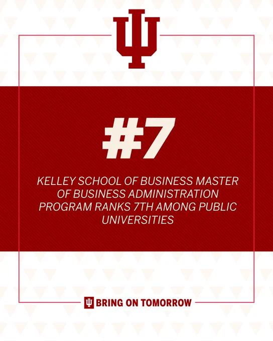 The image features the Indiana University logo at the top. Below, a large "#7" is displayed on a red background, with text stating, "Kelley School of Business Master of Business Administration Program ranks 7th among public universities." At the bottom, there is a small Indiana University logo accompanied by the words "Bring on Tomorrow.