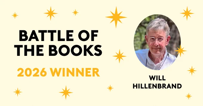 Battle of the Books 2026 Winner announcement featuring a portrait of Will Hillenbrand, surrounded by star illustrations.