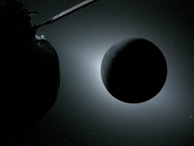 The Moon, backlit by the Sun during a solar eclipse, is photographed by NASA\u2019s Orion spacecraft. Orion is visible in the foreground on the left. Earth is reflecting sunlight at the left edge of the Moon, which is slightly brighter than the rest of the disk. The bright spot visible just below the Moon\u2019s bottom right edge is Saturn. Beyond that, the bright spot at the right edge of the image is Mars. Credit: NASA