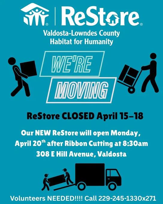 The ReStore will be CLOSED April 15-18 as we get ready for our NEW ReStore to open on April 20th in our new location!
#ValdostaLowndesCountyHabitatReStore #DonateItems #ReduceWaste #ShopHabitat #ValdostaLowndesCountyHabitatforHumanity #WeLoveOurCommunity #HabitatVolunteers