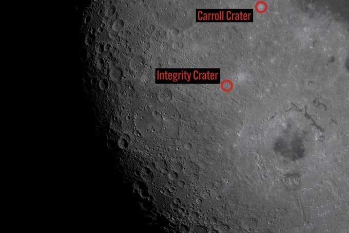 During their lunar flyby observation period, the Artemis II crew captured this image at 3:41 p.m. EDT, showing the rings of the Orientale basin, one of the Moon’s youngest and best-preserved large impact craters. These concentric rings offer scientists a rare window into how massive impacts shape planetary surfaces, helping refine models of crater formation and the Moon’s geologic history. At the 10 o’clock position of the Orientale basin, the two smaller craters – which the Artemis II crew has suggested be named Integrity and Carroll – are visible. These features highlight how crew observations can directly support surface feature identification and real-time science. Integrity Crater and Carroll Crater are labelled. Credit: NASA