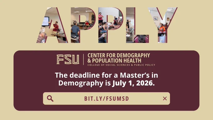 The deadline for a Master’s in Demography is July 1, 2026.
bit.ly/FSUMSD
Join one of the top Demography graduate programs in the country!