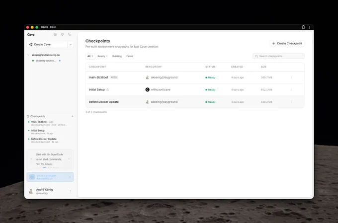 View in Cave (a platform for running isolated coding agents, so-called Caves) that shows the Checkpoints feature with the auto-build option, which creates checkpoints on every commit in your repository.