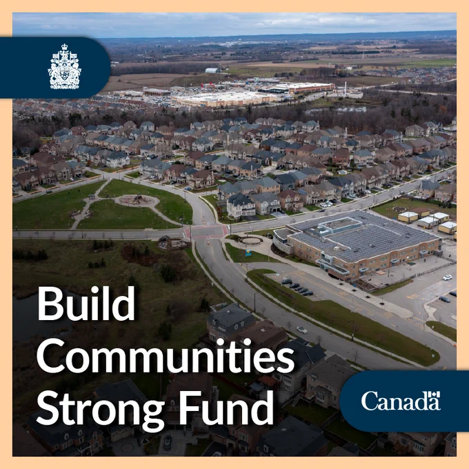 Aerial view of a neighborhood in Brampton, Ontario. Text: Build Communities Strong Fund. 