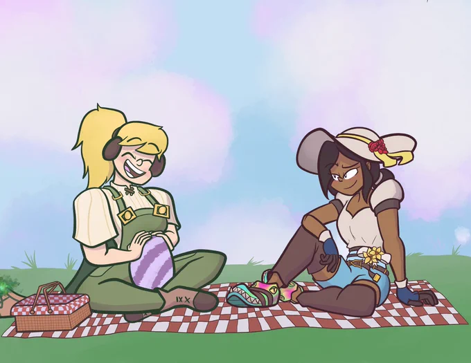 Nelle and Elizabeth having a picnic at the blooming borough in RuneScape