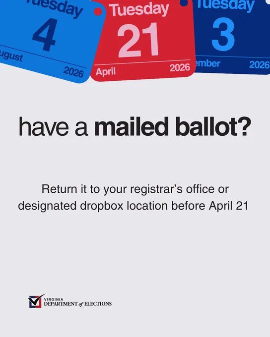 Calendar dates highlighting April 21, 2026, with instructions to return mailed ballots by this deadline to registrar or dropbox.