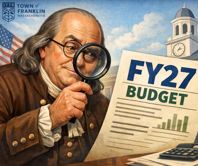 Picture of Benjamin Franklin using a magnifying glass to read the Franklin FY27 Budget.