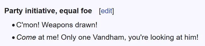 A screenshot of the Vandham (XC2)/Gameplay/Dialogue page on Xeno Series Wiki. One of the quotes is "Come at me! Only one Vandham, you're looking at him!"