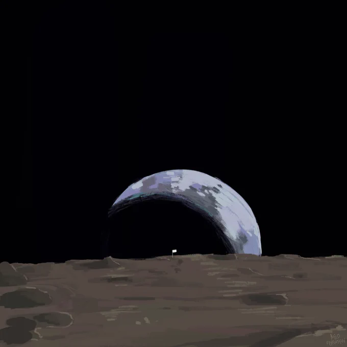 a flag, bleached white by the sun over decades, planted on the moon as earth rises behind it