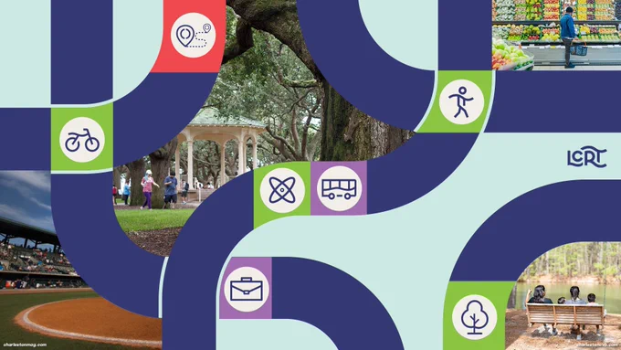 Images of grocery store, parks, and baseball stadium in Charleston, South Carolina, with icons depicting transit access.