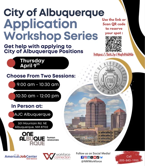 City of Albuquerque Application Workshop at AJC Albuquerque  501 Mountain Rd. NE Albuquerque NM 87102 on Thursday, April 9th. There are two sessions to choose from at 9:30 AM or 10:30 AM so sign up today to hold your spot using https://bit.ly/4qhHdAb. Call 505-843-1900 to learn more.