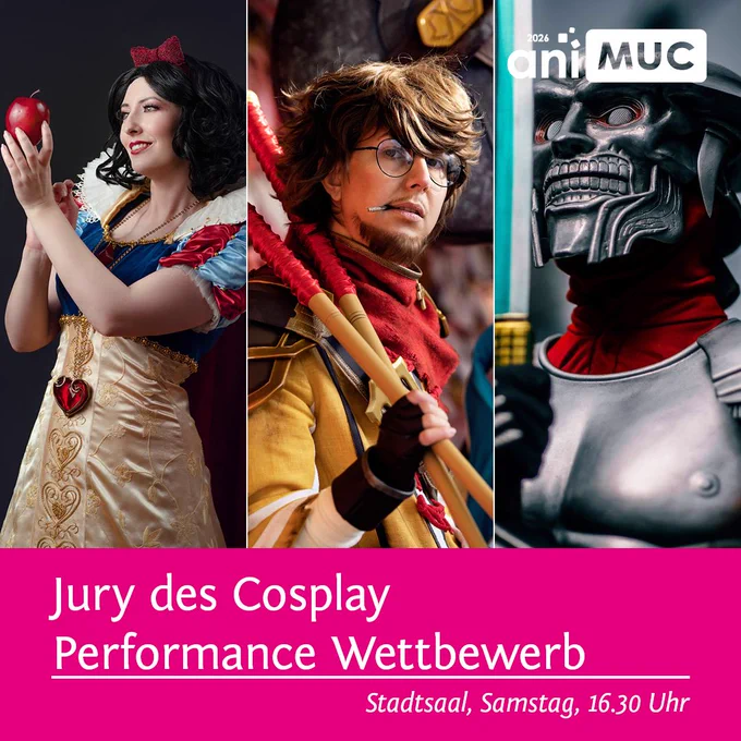 Eine Fotocollage der einzelnen Mitglieder der Cosplay Jury des Cosplay Performance Wettbewerbs in diversen Kostümen. Zu sehen sind von links nach rechts: Mirazie als Schneewittchen aus dem gleichnamigen Märchen, Naraku als Ippatsu aus dem Videospiel Granblue Fantasy und Sketch McDraw als Yoshimitsu aus der Videospielreihe Tekken.