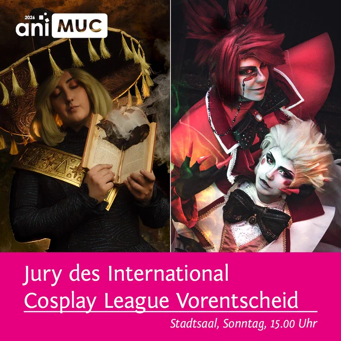 Eine Fotocollage der einzelnen Mitglieder der Cosplay Jury des ICL-Vorentscheids in diversen Kostümen. Zu sehen sind von links nach rechts: Milou als Coco aus der Serie Witch Hat Atelier, Rentao und Shusei als Lucifer und Alastor aus der Serie Hazbin Hotel.