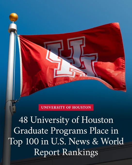 A UH flag flies in front of a blue sky. The headline "48 University of Houston Graduate Programs Place in Top 100 in U.S. News & World Report Rankings" appears at the bottom.
