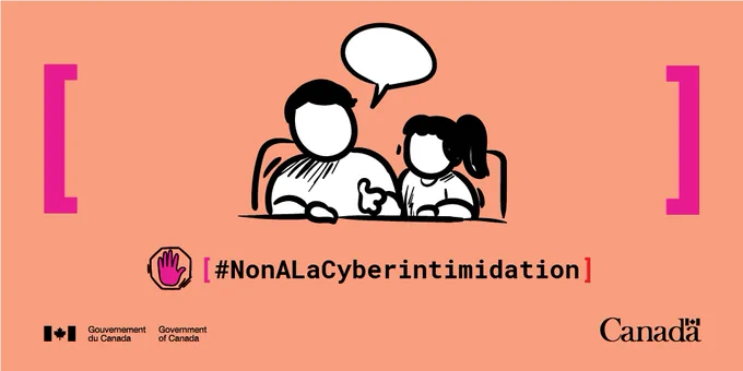 Une personne qui parle à un enfant. Texte : #NonÀLaCyberintimidation.
