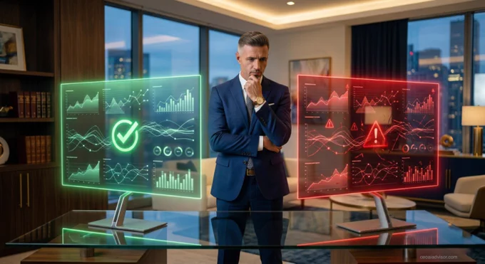 A business executive stands between two identical-looking AI-generated reports displayed on glass screens in a modern office. The left report glows green suggesting accuracy while the right report glows red revealing hidden errors beneath its polished surface. Illustrates the risk that AI delivers confident answers whether correct or wrong, and why teams need evaluation skills to tell the difference. ceoaiadvisor.com