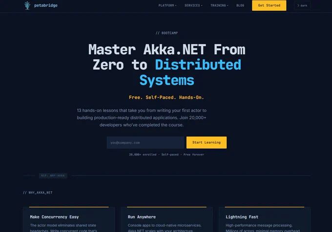Akka.NET Bootcamp landing page - dark mode