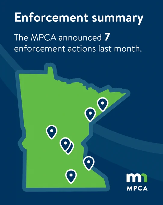 Map of Minnesota with pins indicating the locations of enforcement actions announced in March. Text reads: "Enforcement summary. The MPCA announced seven enforcement actions last month."