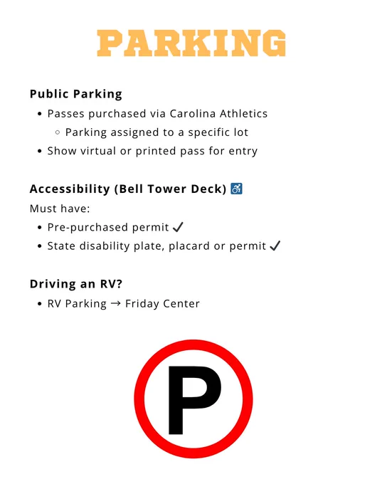 Parking information graphic. Public parking: passes purchased via Carolina Athletics, assigned to a specific lot; show virtual or printed pass for entry. Accessibility parking at Bell Tower Deck requires a pre-purchased permit and state disability plate, placard or permit. RV parking directed to Friday Center.