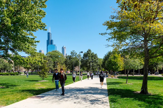 students walking on the East Campus of the University of Illinois Chicago