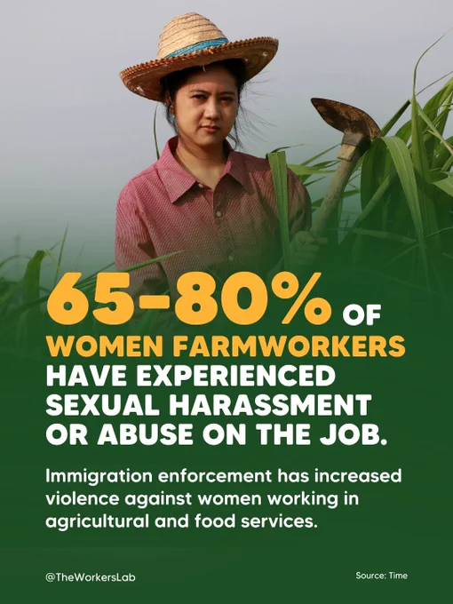 Infographic showing a woman farmworker in a straw hat holding a farming tool among green crops, overlaid with the text: "65–80% of women farmworkers have experienced sexual harassment or abuse on the job. Immigration enforcement has increased violence against women working in agricultural and food services." Source: Time. Via @TheWorkersLab.