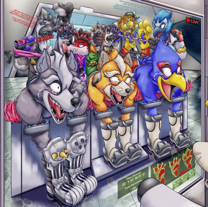 "The big three" consisting of Fox, Falco, and Wolf, has been captured by space pirates and tickled to insanity.